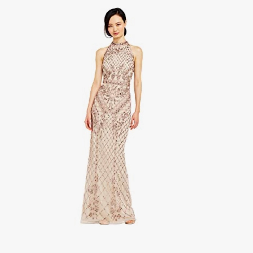Elegant Adrianna Papell Biscotti (beige) Sequined Gown